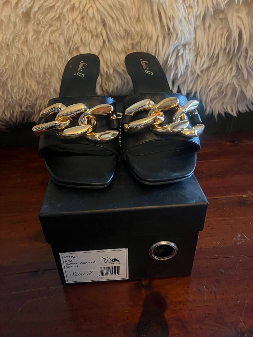 SaintG Melissa Black Mules Gold Chains Womens size 7.5